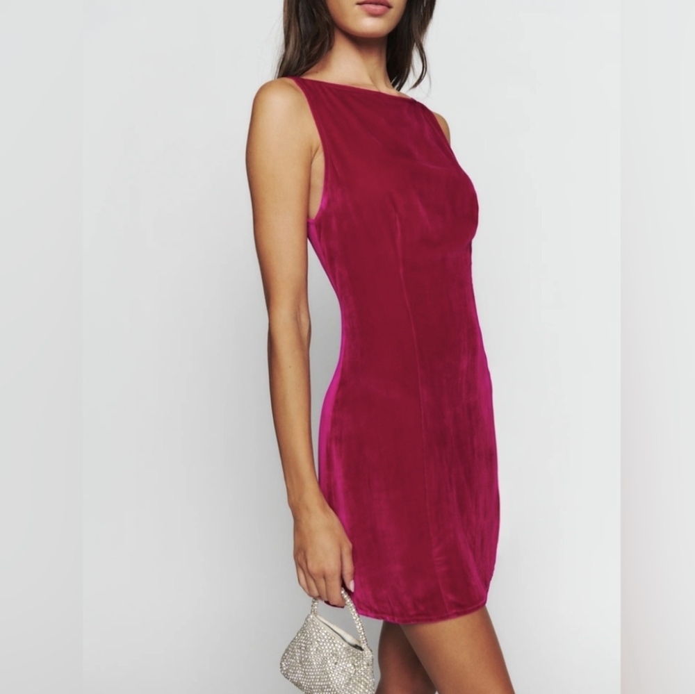 Reformation Brisbane Rhubarb Velvet High Neck Low Back Mini Dress